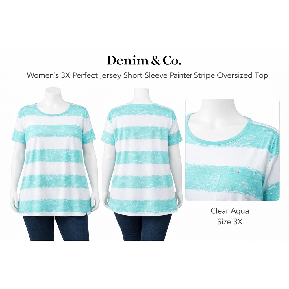 Denim & Co Womens 3X Perfect Jersey Painter‎ Stripe Oversized Top Clear Aqua NWT
